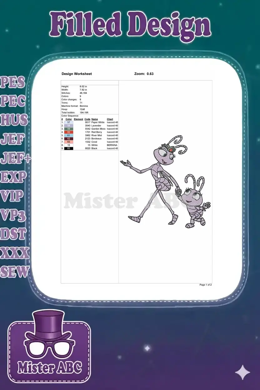 Design worksheet for the Princess Atta and Dot embroidery, showing dimensions, stitch count, and color chart.
