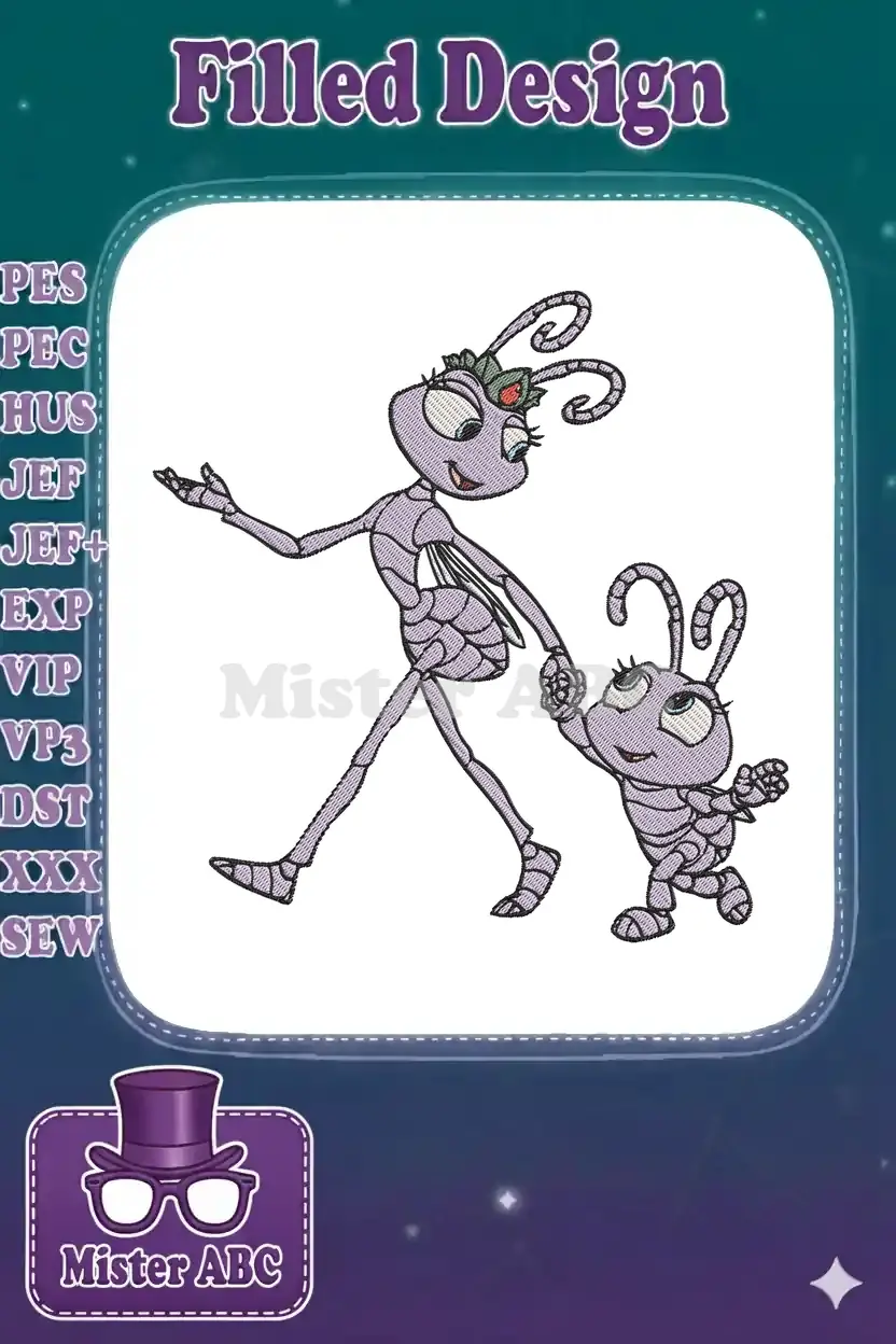 Digitized embroidery design of Princess Atta and Dot from A Bug's Life, walking hand-in-hand, smiling.