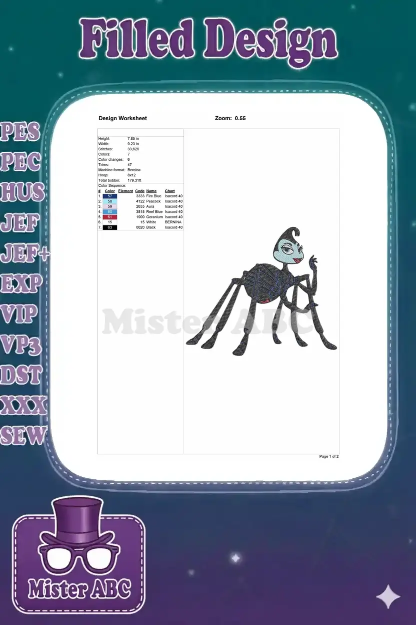 Embroidery design worksheet for Princess Bala, detailing dimensions, stitch count, color sequence, and machine info.