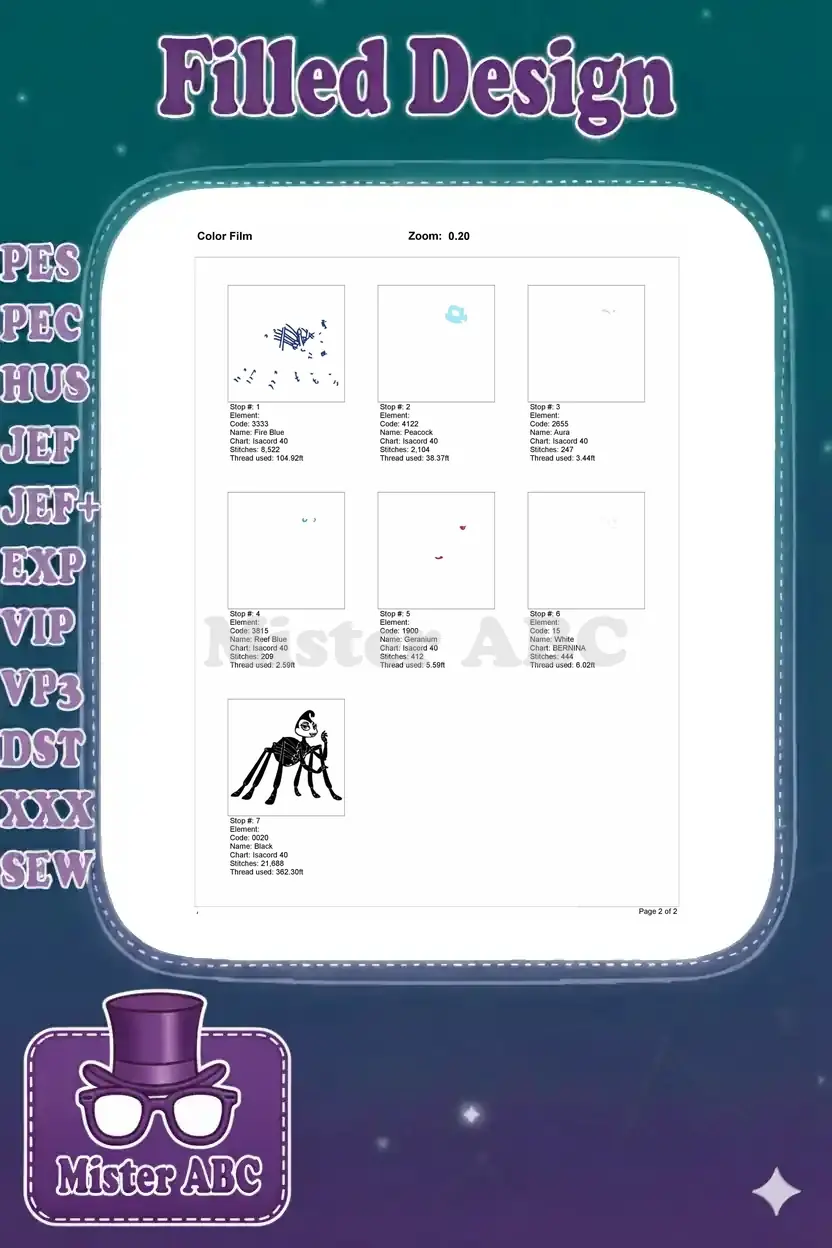 Color film showing individual stitch elements and thread usage for the Princess Bala embroidery design.