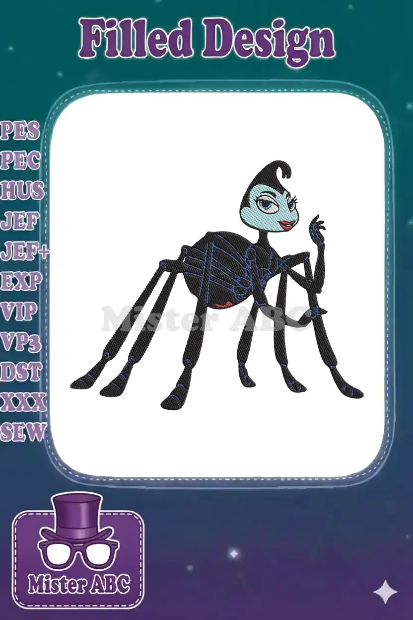 A vibrant embroidery design featuring Princess Bala from Antz, showcasing intricate details and rich colors.