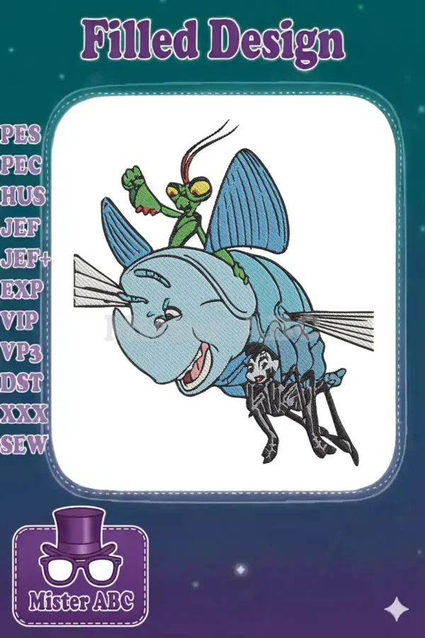 Heimlich the butterfly carrying Manny the mantis and Francis the ladybug in an animated embroidery design.