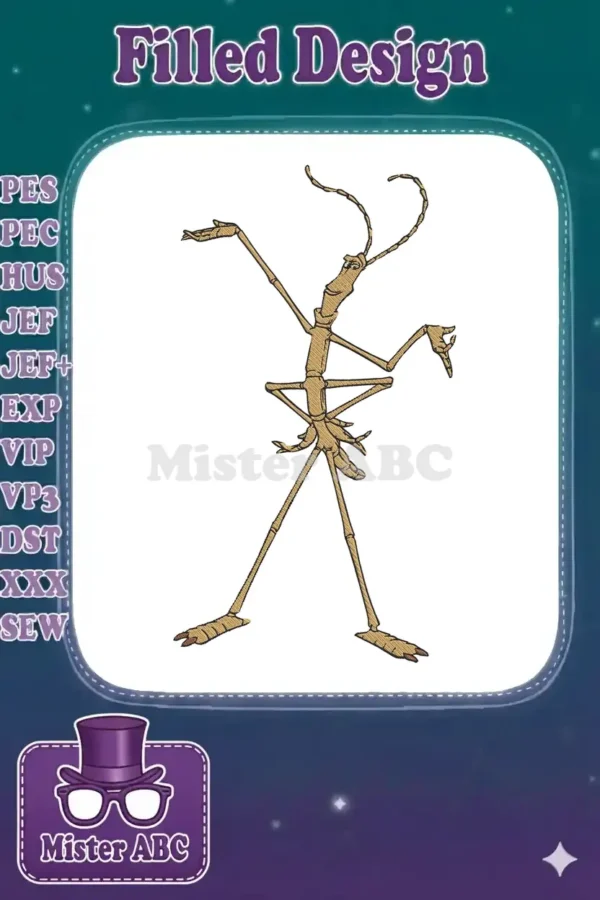Full-body embroidery design of Slim, the stick insect from A Bug's Life, standing with limbs extended.