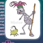 Whimsical purple insect queen and yellow bug cartoon embroidery designs - Instant Download