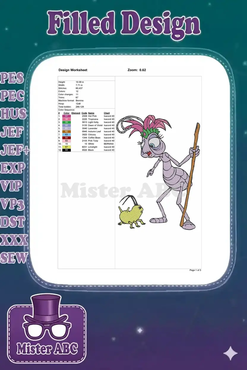 Detailed embroidery design worksheet for Princess Atta and Dot, showing dimensions, colors, and stitch count information.
