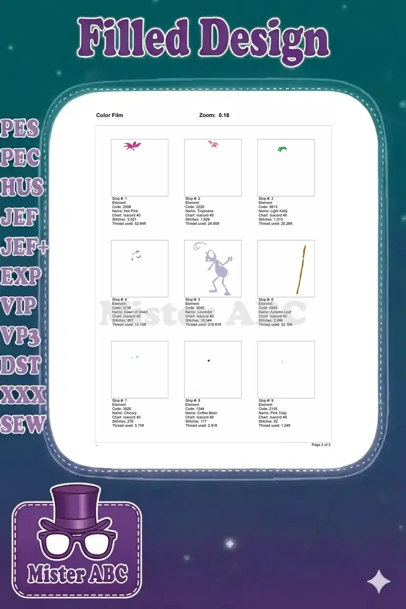 First page of the Princess Atta and Dot embroidery color film, detailing individual color elements and stitch counts.