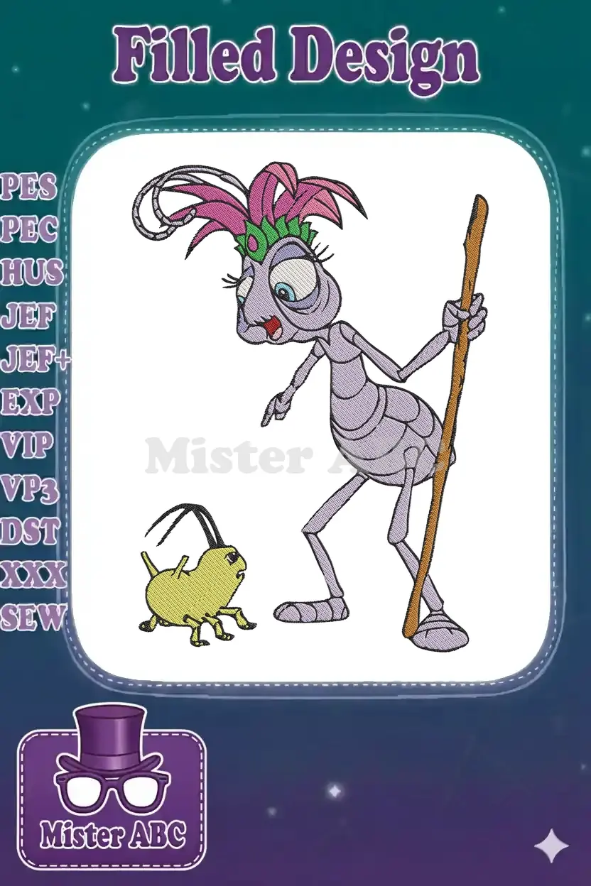 Vibrant embroidery design featuring Princess Atta and Dot from Disney Pixar's A Bug's Life, ready for your projects.