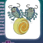 Cheerful Blue Green Cartoon Bugs Dancing on Yellow Spiral Embroidery Designs - Instant Download