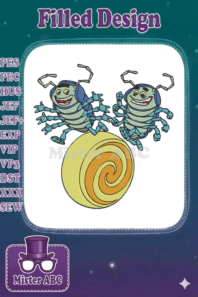 Vibrant embroidery design featuring two cheerful blue and green pill bugs, Tuck and Roll, on a golden scroll.