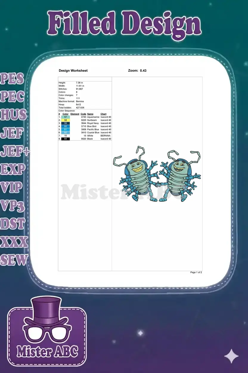 Detailed embroidery design worksheet showing technical specifications, stitch count, color sequence, and dimensions.