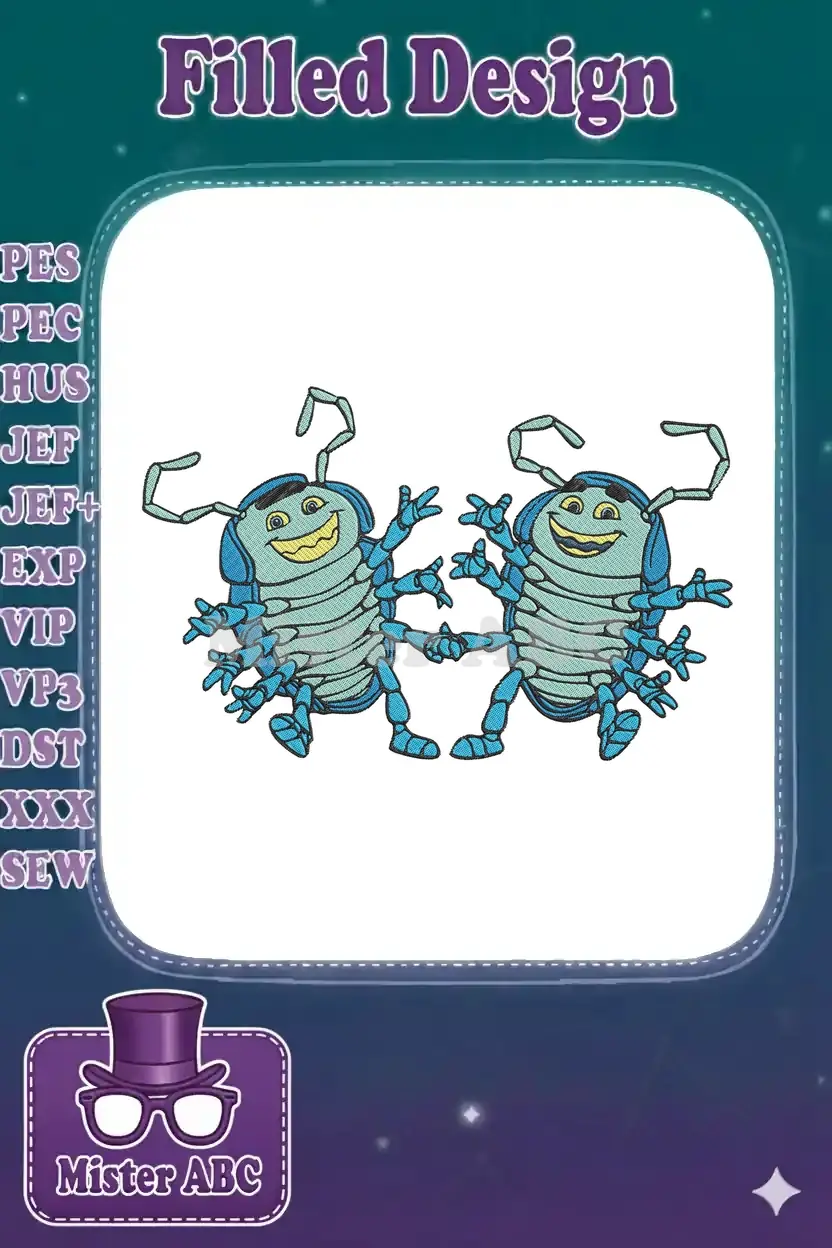 Two happy, cartoon blue-green bug creatures with big smiles, perfect for children's themed embroidery projects.