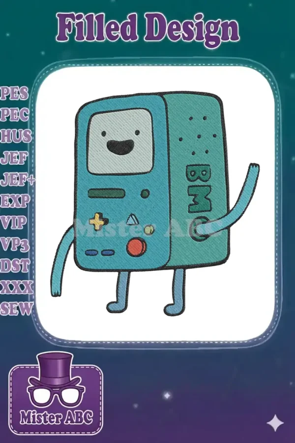 High-quality embroidery design of BMO from Adventure Time, featuring vibrant teal, green, and red colors on white.