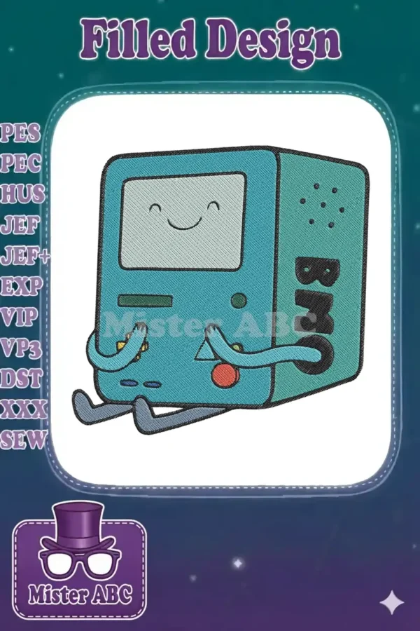 Embroidered BMO design from Adventure Time, featuring a smiling face and vibrant teal, gray, and black colors.