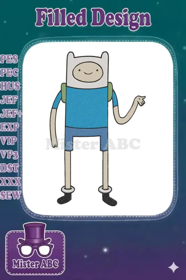 Full-body embroidery design of Finn the Human from Adventure Time, standing with a friendly smile, ready for adventure.