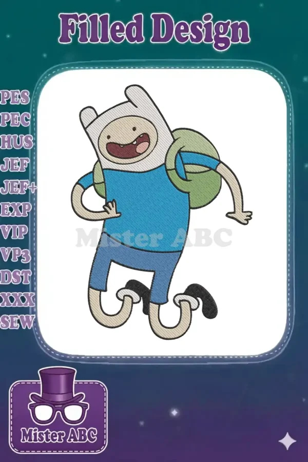 Finn the Human embroidery design, featuring the adventurous hero in his iconic blue shirt and white hat.