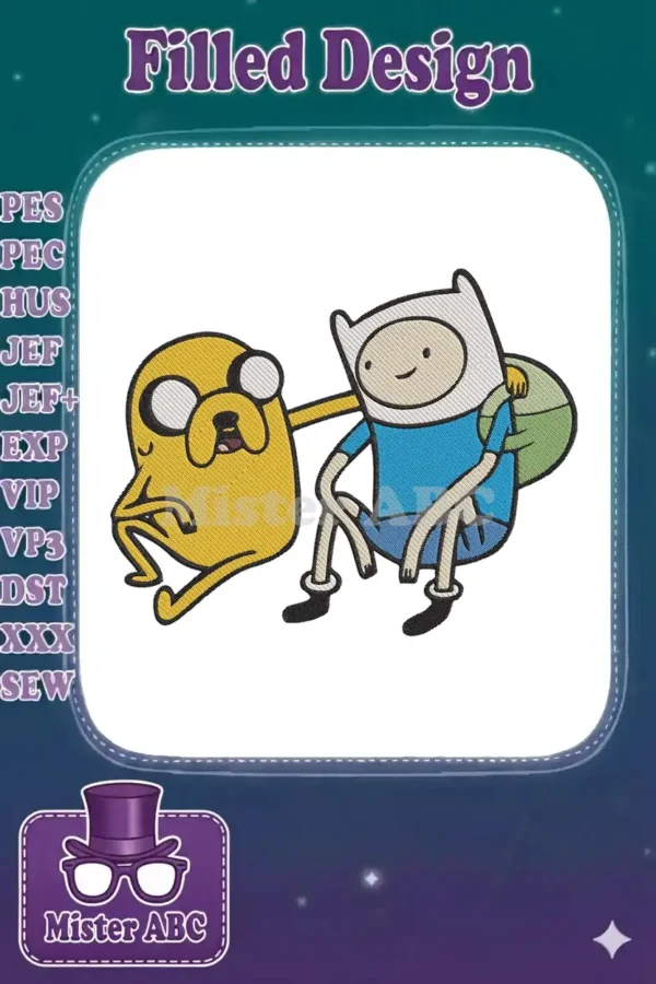 Detailed embroidery design of Finn the Human and Jake the Dog from Adventure Time, sitting together.