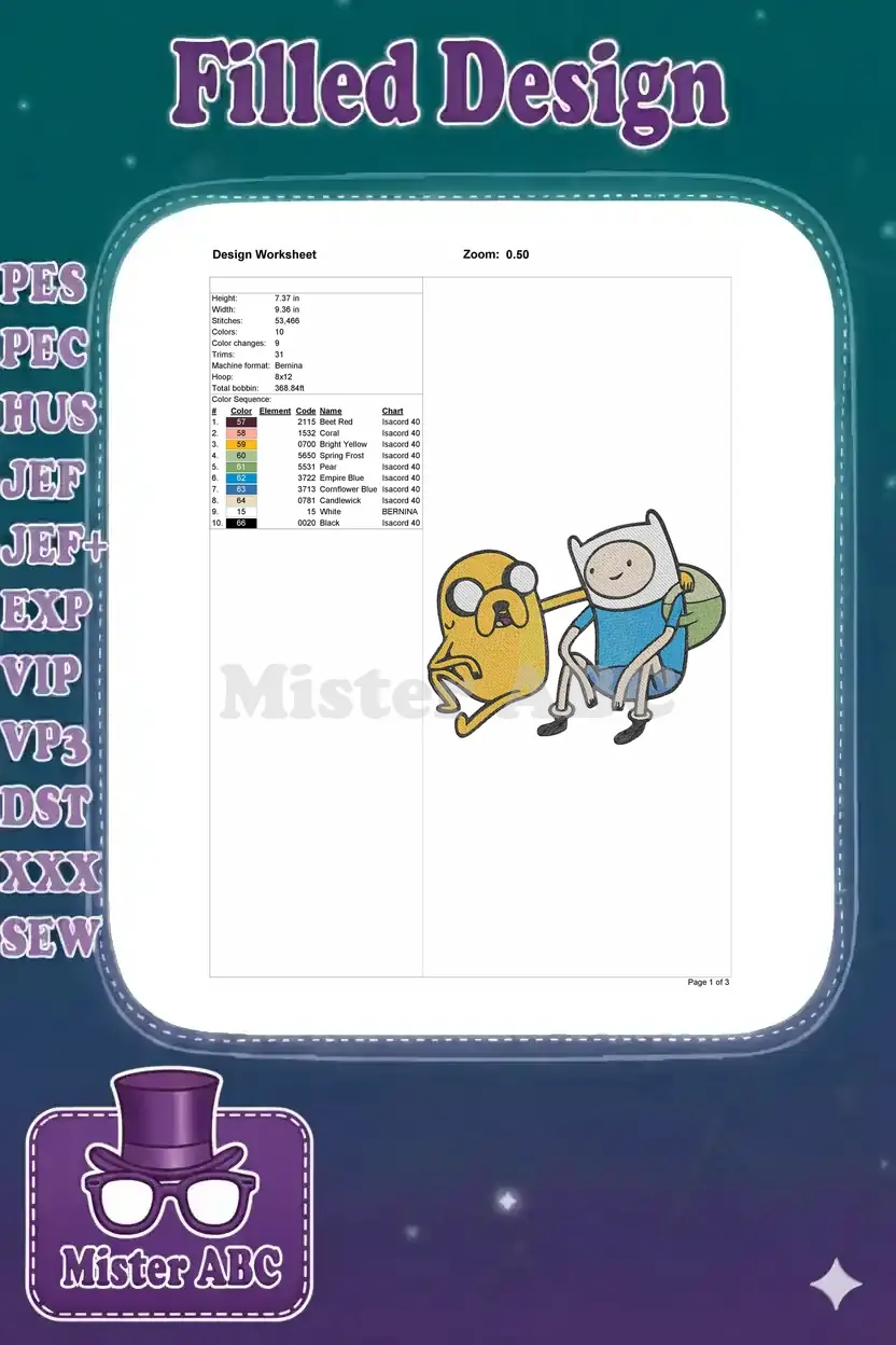 Embroidery design worksheet for Finn and Jake, showing dimensions, stitch count, colors, and machine info.