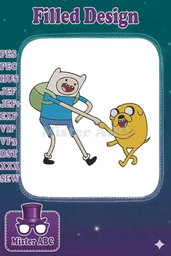 Embroidered design of Finn the Human and Jake the Dog from Adventure Time, hand-in-hand, ready for adventure.