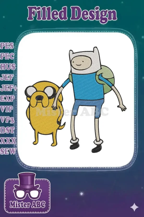 Vibrant embroidery featuring Finn the Human and Jake the Dog from Adventure Time, ready for your next project.