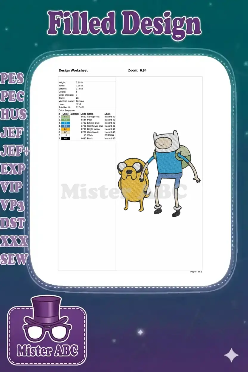 Embroidery design worksheet for Finn and Jake, detailing stitches, colors, dimensions, and machine format.