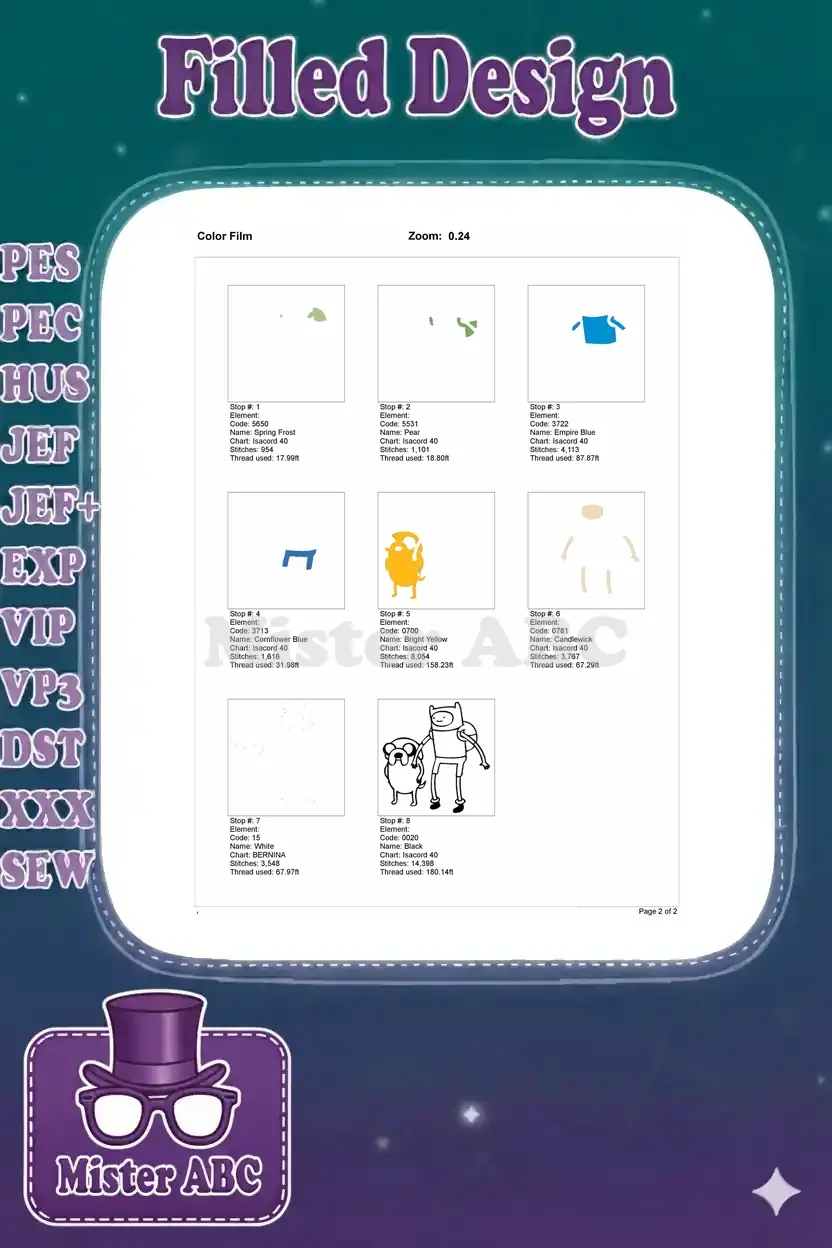 Detailed color film showing the step-by-step embroidery process for the Finn and Jake design, color by color.