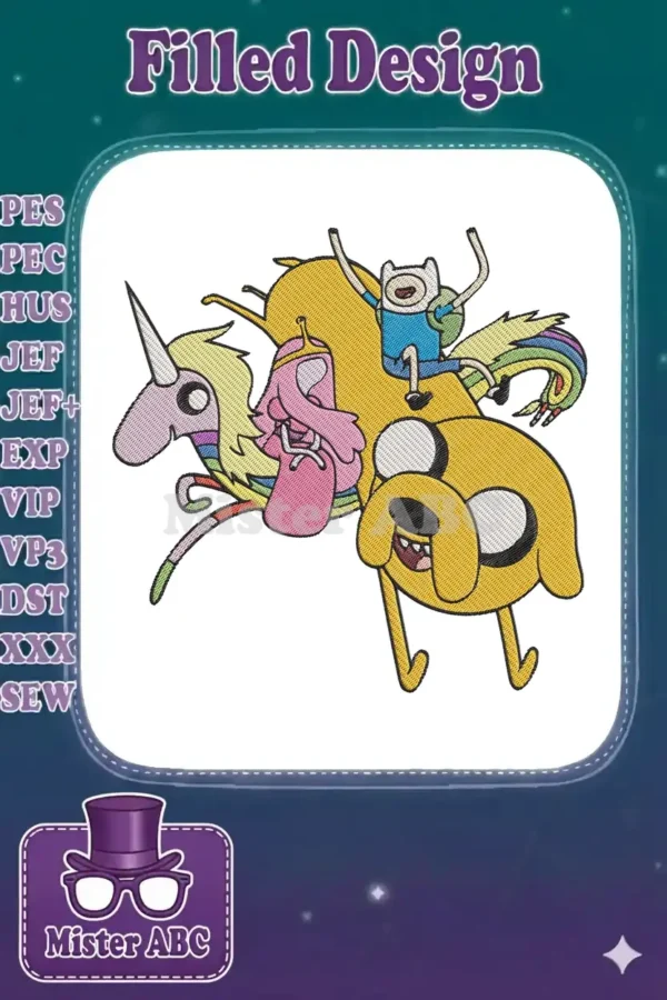 Vibrant embroidery of Adventure Time characters: Finn, Jake, Princess Bubblegum, and Lady Rainicorn in a dynamic pose.