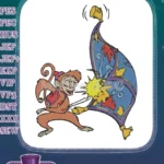 Mischievous monkey hitting magic carpet with flying lamp embroidery designs - Instant Download