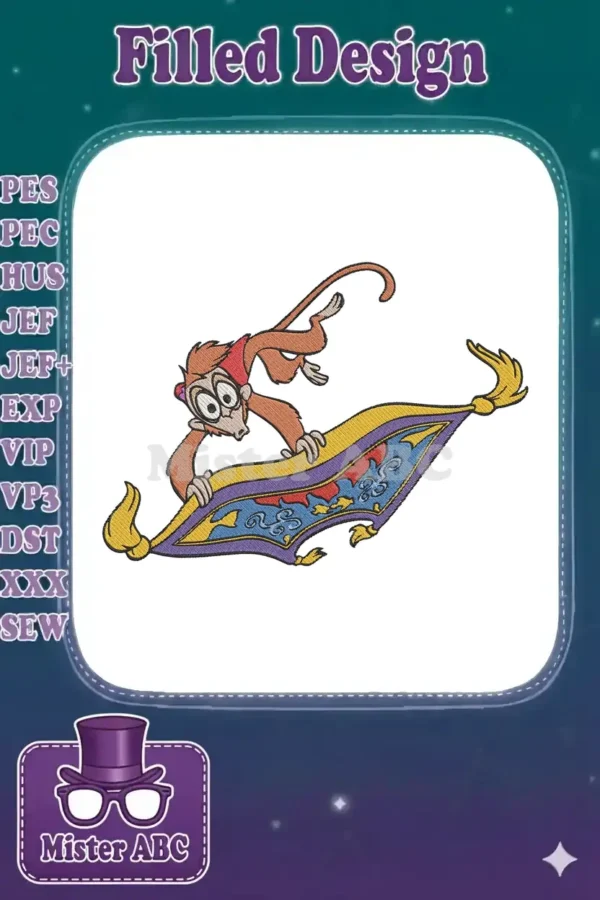 Vibrant embroidery of Abu from Disney's Aladdin, playfully riding a detailed magic carpet with intricate patterns.