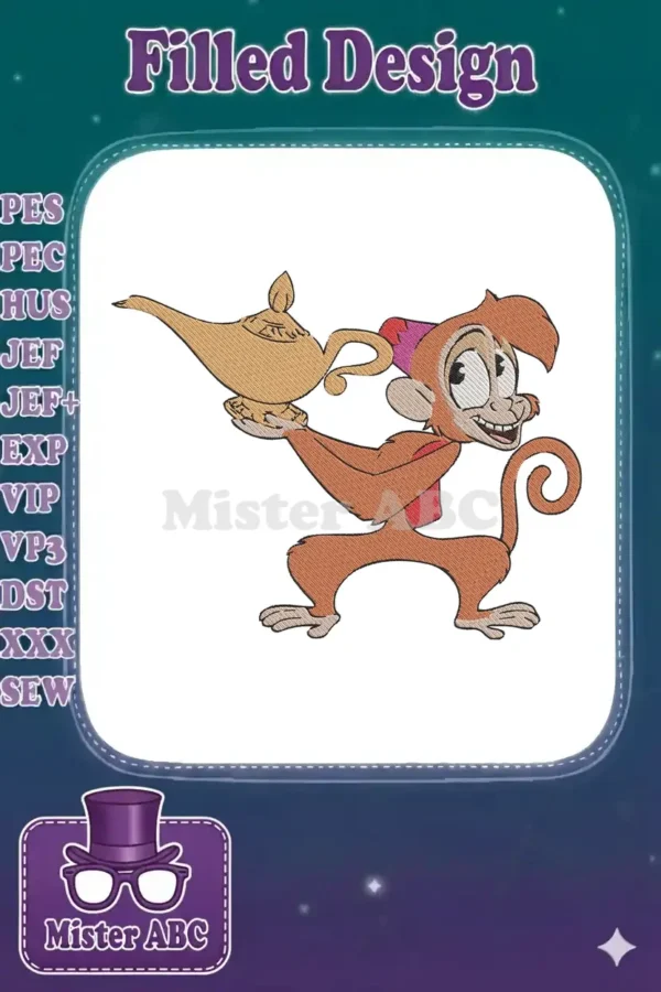 Detailed embroidery design of Abu, Aladdin's monkey, holding the iconic magic lamp, ready for your projects.