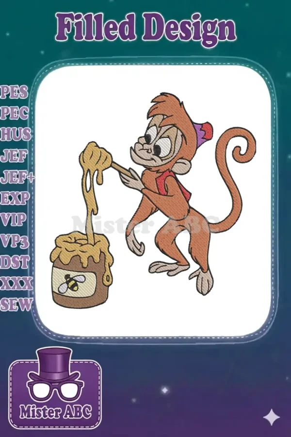Playful Abu embroidery design, a mischievous monkey character from Aladdin, enjoying honey from a bee-labeled pot.