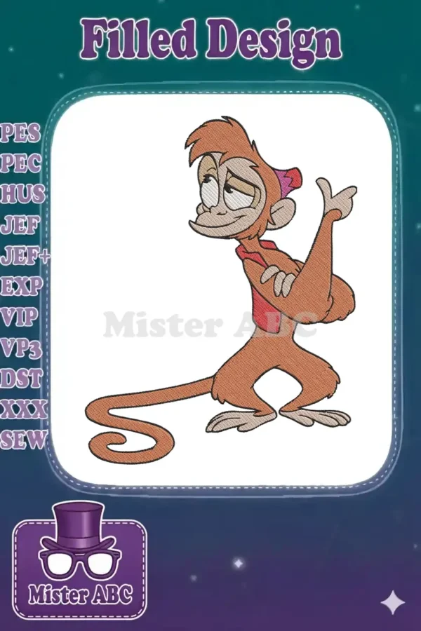 Detailed embroidery design of Abu from Aladdin, showing his mischievous expression and distinctive posture, ready for stitching.