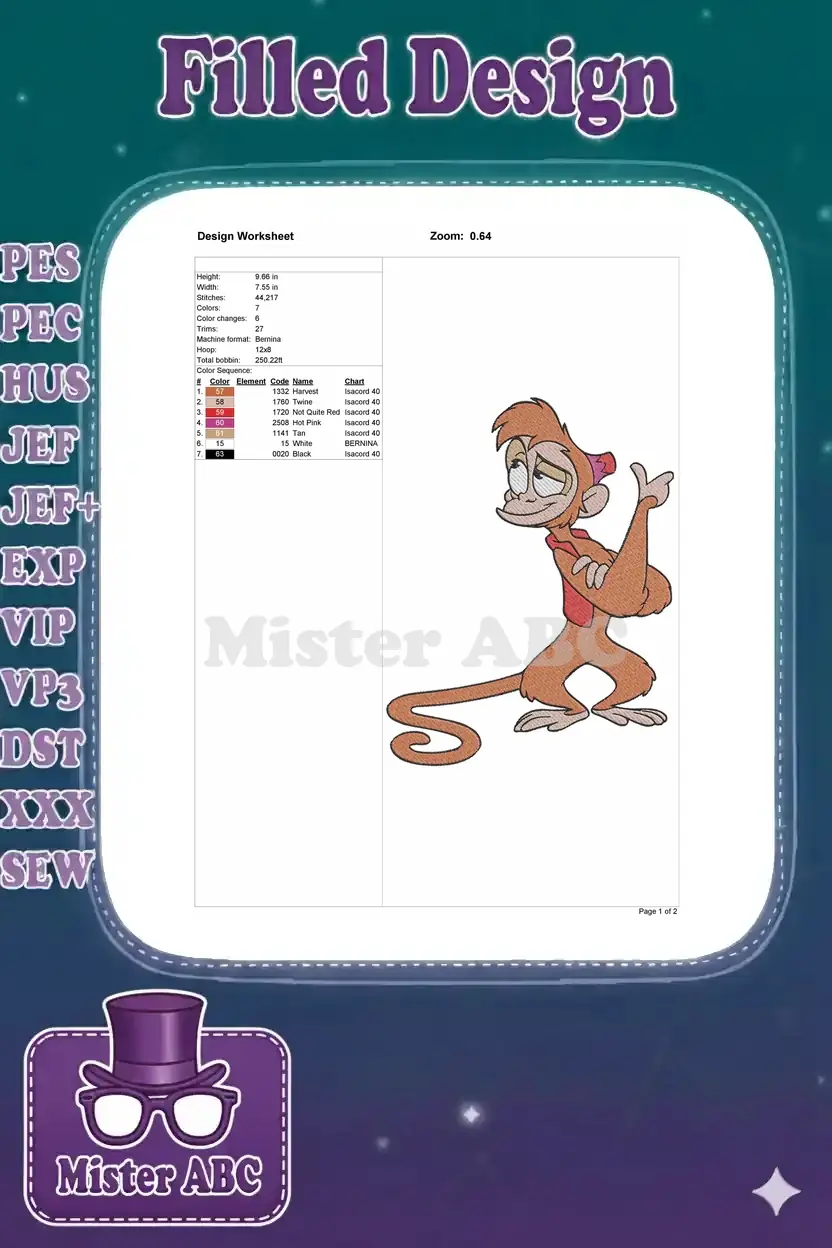 Embroidery design worksheet for Abu, detailing dimensions, stitch count, color sequence, and machine settings for clarity.