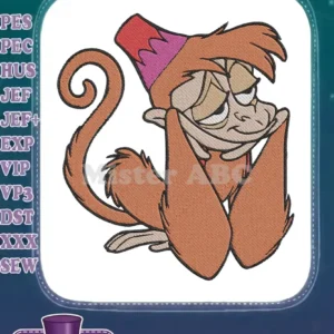 A detailed embroidery design of Abu, Aladdin's monkey, wearing a red fez, looking somewhat grumpy and sleepy.