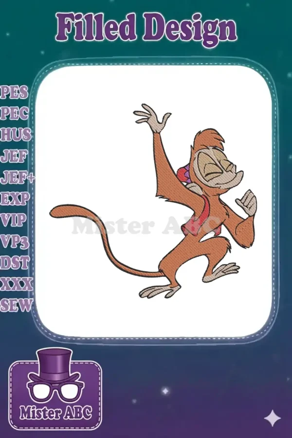 Embroidered design of Abu, Aladdin's monkey, striking a dynamic, playful pose with arms raised and a red vest.