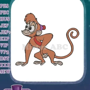 A vibrant, detailed embroidery design of Abú, Aladdin's mischievous monkey, rendered in a playful pose.