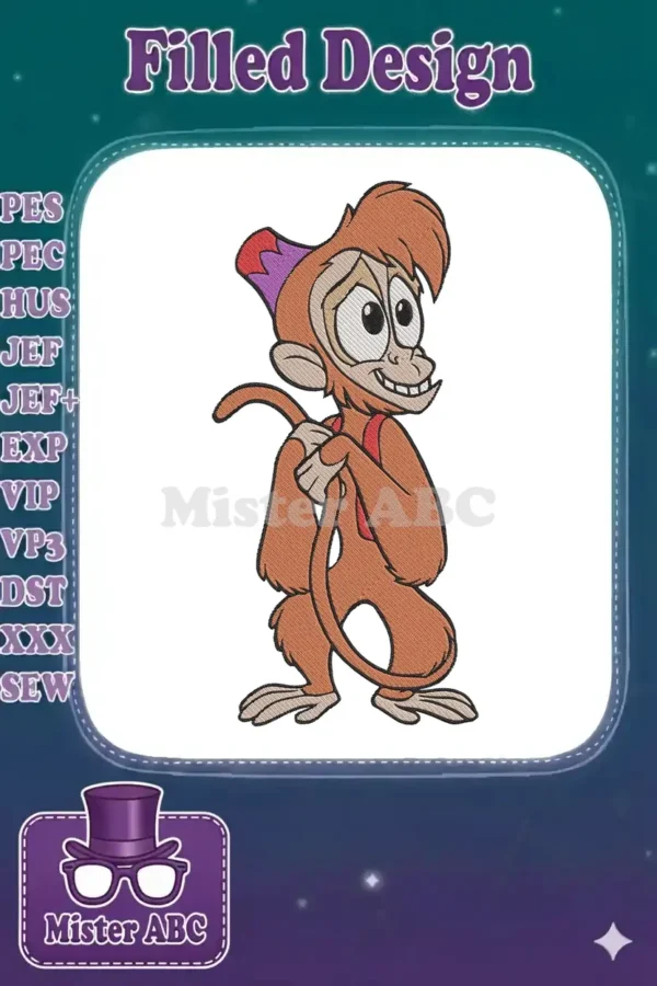 Close-up of Abu, Aladdin's monkey, in a detailed embroidery design, showcasing his mischievous smile and fez hat.