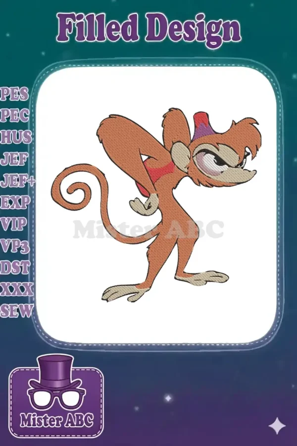 Detailed embroidery design of Abu from Disney's Aladdin, a mischievous monkey in a dynamic, playful pose.