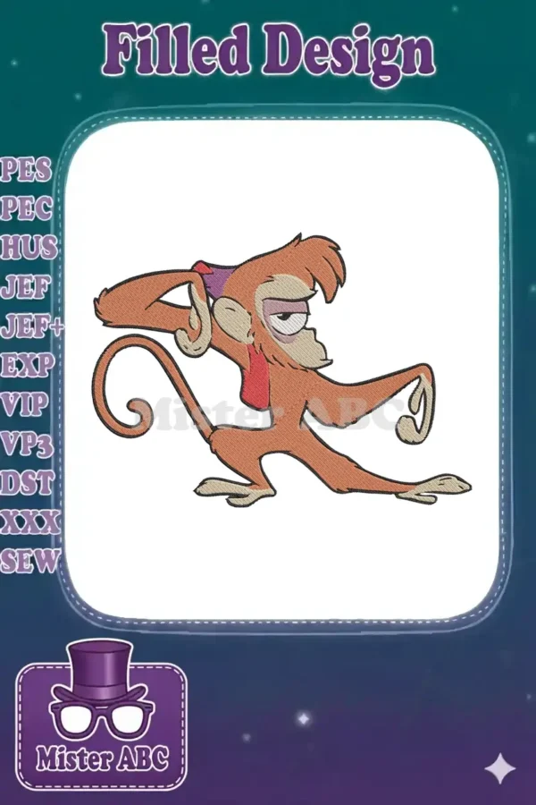 A full-body embroidery design of Abu, Aladdin's monkey, in a playful, expressive pose, ready for stitching.