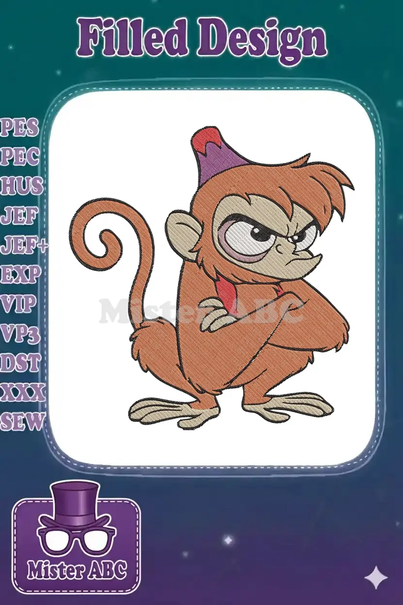Embroidery design of Abu, Aladdin's monkey, with a purple fez and red collar, arms crossed in an angry pose.