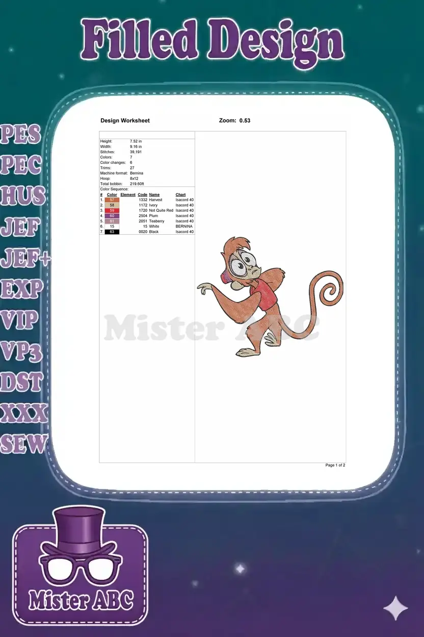 Embroidery design worksheet for Abu, detailing dimensions, stitch count, color sequence, and thread brands.