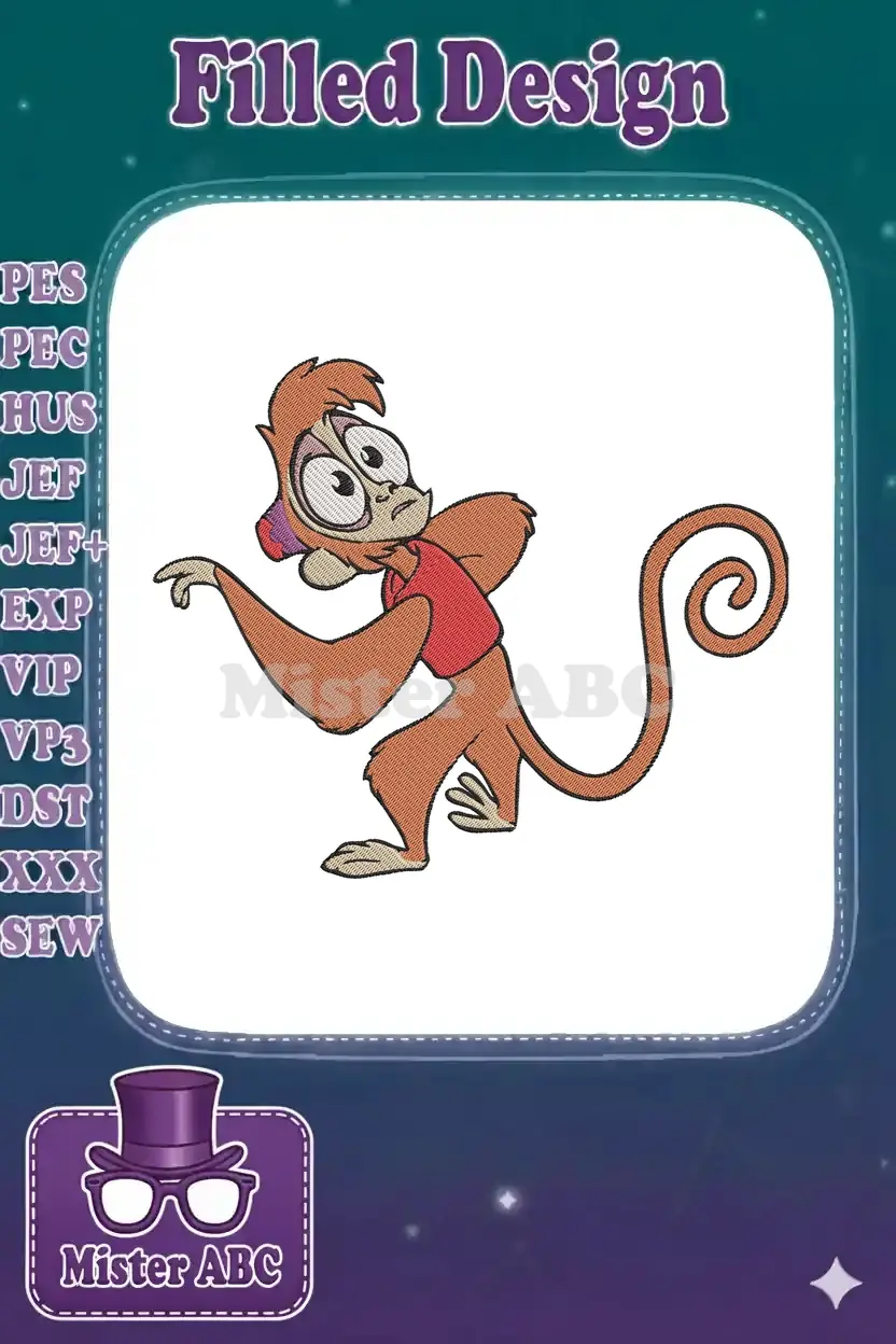 Detailed embroidery design of Abu, Aladdin's monkey, with big expressive eyes and a red vest on a white background.