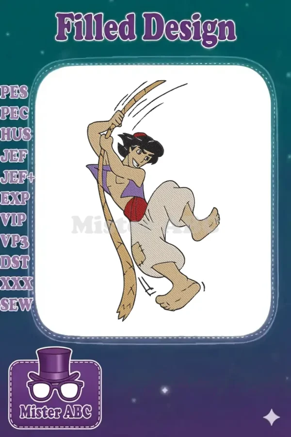 Vibrant Aladdin embroidery design, capturing the character swinging on a rope with dynamic energy and a cheerful grin.