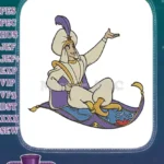 Smiling Prince Ali riding a magical purple carpet embroidery designs - Instant Download