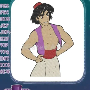 A detailed embroidery design of Aladdin from Disney, smiling with hands on his hips, vibrant and ready to stitch.