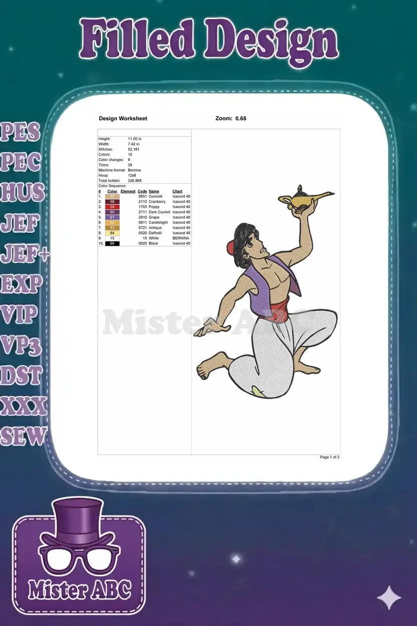 Embroidery design worksheet for Aladdin, showing dimensions, stitch count, color sequence, and thread details.