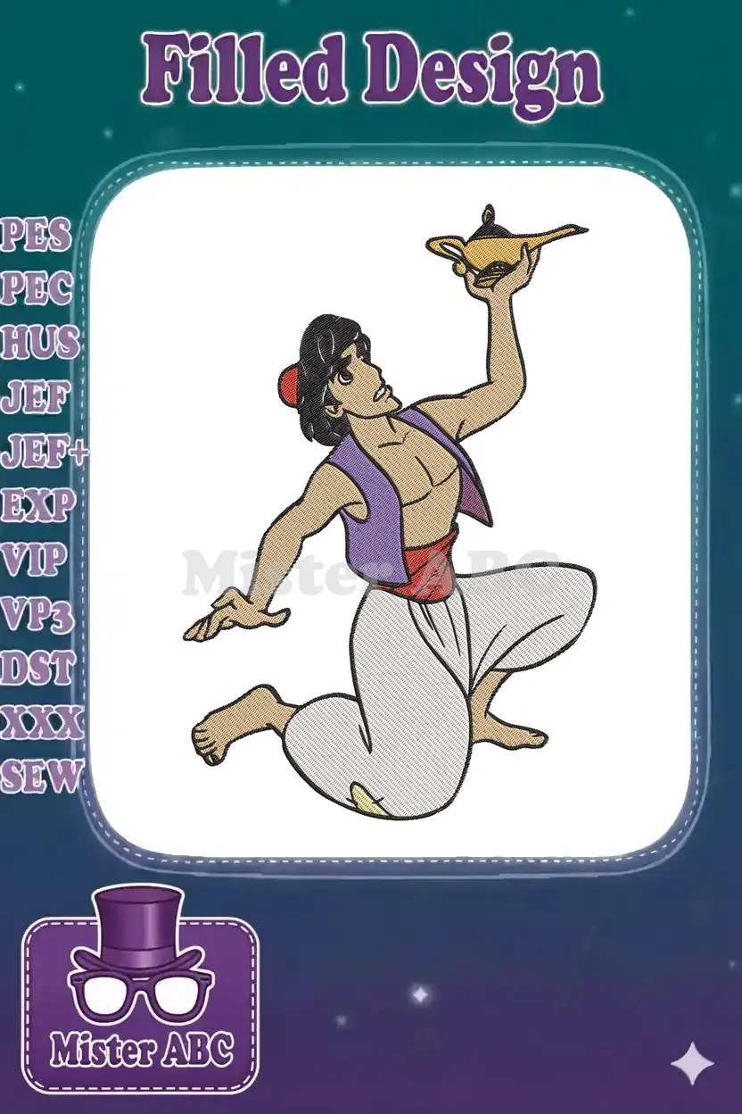 Aladdin embroidery design, kneeling with a magic lamp raised, showcasing vibrant colors and detailed stitching.