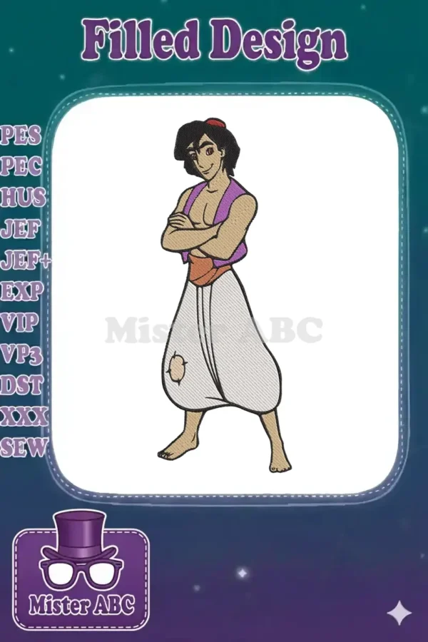 Detailed embroidery design of Aladdin from Disney, standing confident with arms crossed, featuring vibrant colors and fill stitches.