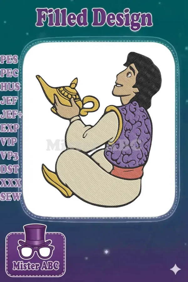 Aladdin embroidery design, featuring the beloved character holding a golden magic lamp, ready to grant wishes.
