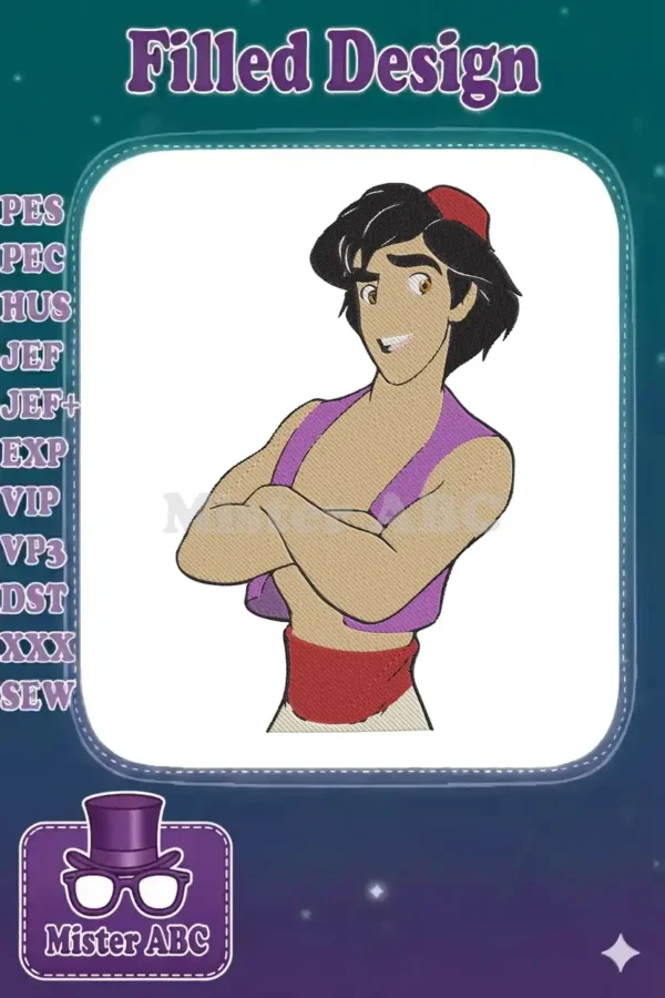 Detailed embroidery design of Aladdin with crossed arms, smiling, wearing purple vest and red fez, on a white background.