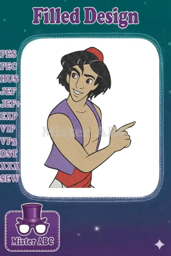 A vibrant embroidery design featuring Aladdin from Disney, smiling and pointing right, with detailed stitching and rich colors.